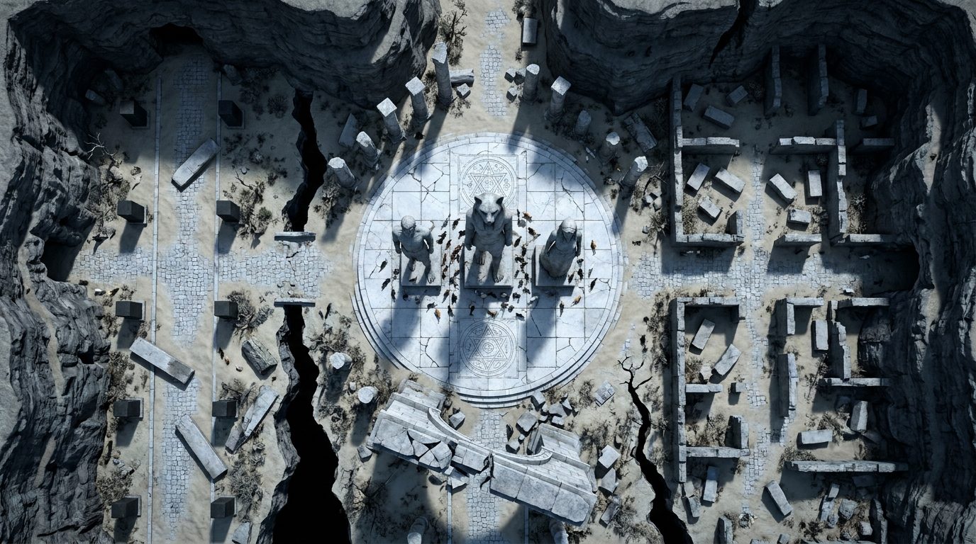 Ancient Canyon City Ruins and Colossal Statues scene 1