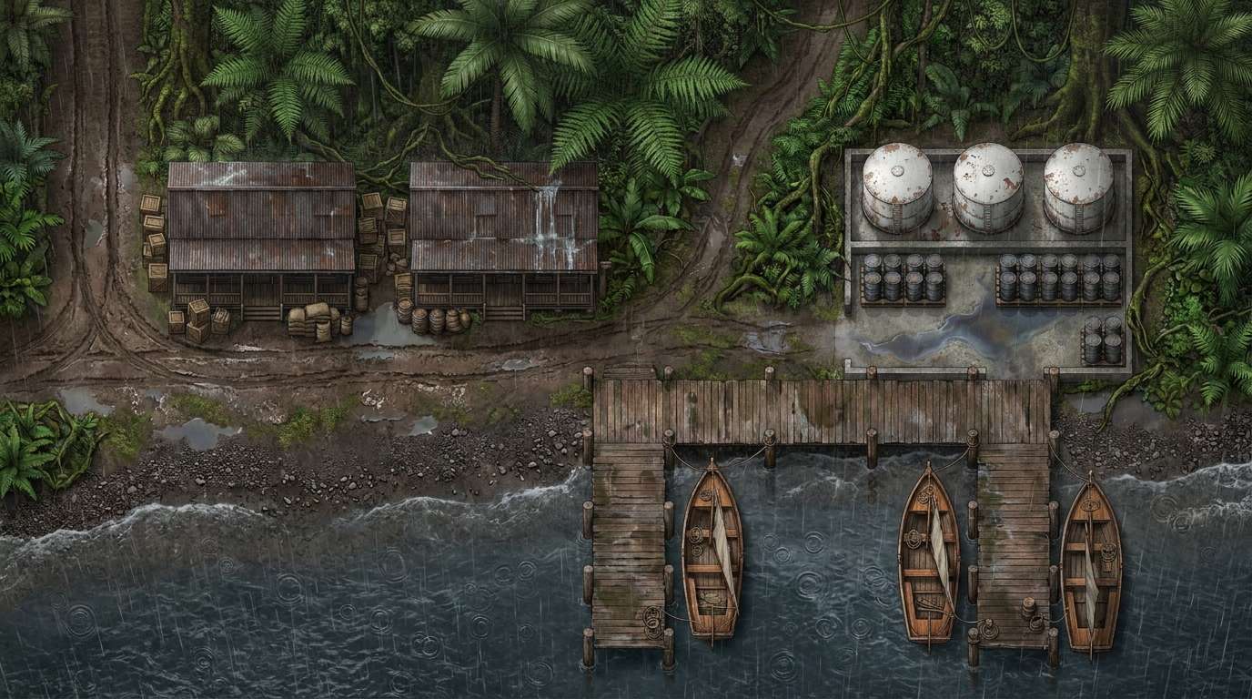 1920s Rainy Colonial Island Settlement scene 1