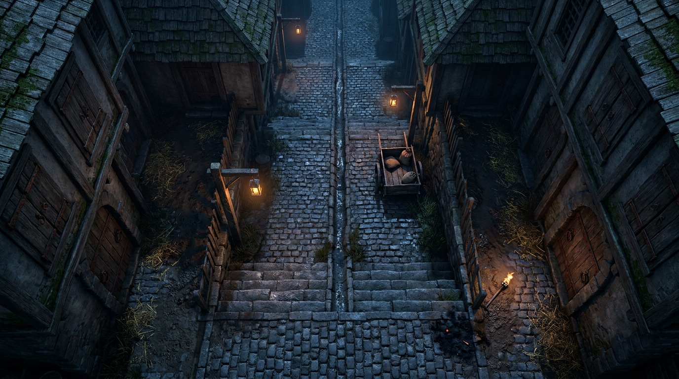 Calle Empedrada Oscura y Empinada
