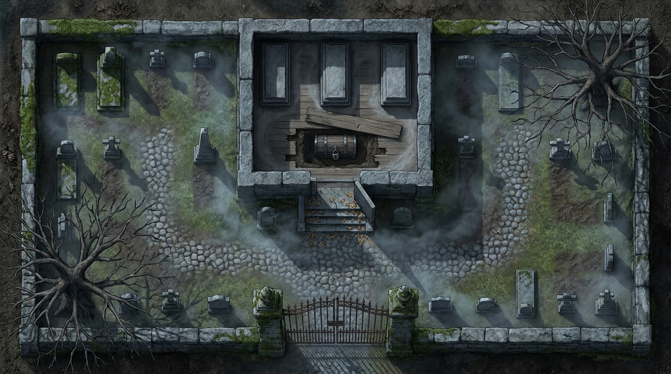 Foggy Alpine Graveyard and Crypt