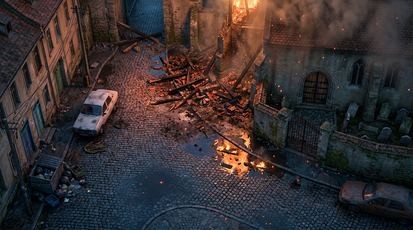 Flooded Street and Burning Church